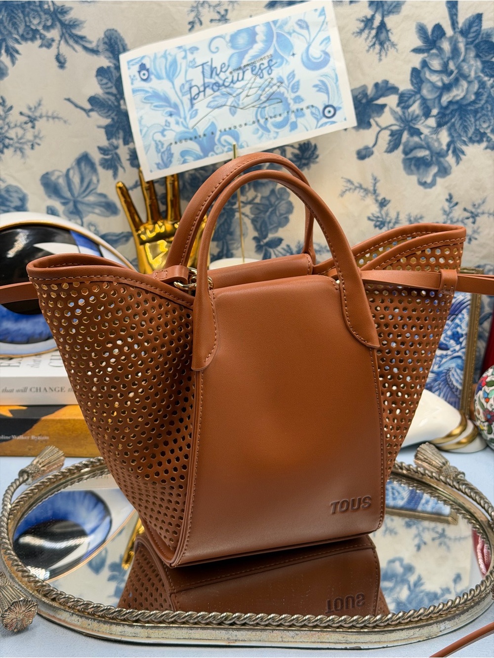 🆕 TOUS 🧿 NWOT Small TOUS Tulip Cutout Mesh Bag, with Top Handle - Camel Brown - Picture 7 of 13